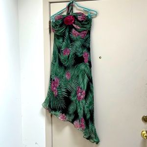 Ice Newly Dry Cleaned Black, Fuchsia, & Green Floral Asymmetrical Dress Size 14